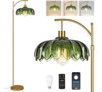 QIYIZM Lampadaire en verre pour salon, chambre à coucher, lampe sur pied dorée à intensité variable avec télécommande, lampe moderne du milieu du siècle en laiton, style bohème, vintage, rétro, lampe