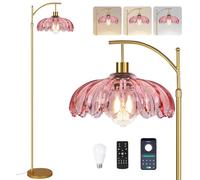 QIYIZM Lampadaire rose pour salon, chambre à coucher, lampe sur pied à intensité variable, lampe à intensité variable en laiton moderne du milieu du siècle, lampadaire bohème en verre teinté arc