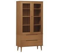 QJBSAVVA Armoire à vitrine MOLDE, Bibliothèque en Bois de pin Massif avec 2 Portes vitrées, 2 tiroirs et 4 Compartiments, Rangement Salon, 90 x 35 x 175 cm, Design scandinave, Marron