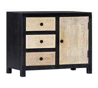 QJBSAVVA Armoire d'appoint en bois massif de mangue, sculptée à la main, élégante avec 1 porte et 3 tiroirs, buffet pour salon, couloir, chambre à coucher, gris et naturel, 75 x 35 x 60 cm