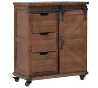 QJBSAVVA Armoire de Rangement en Bois de Sapin Massif, Buffet Bas Vintage 64x33,5x75 cm, Meuble de Rangement Industriel avec 3 Tiroirs, 2 Compartiments et roulettes, Marron