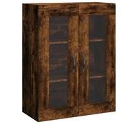 QJBSAVVA Armoire Murale Chêne Fumé 69,5x34x90 cm en Bois d'Ingénierie - Meuble de Rangement Suspendu avec 3 Compartiments et Portes en Verre, Buffet Haut Flottant pour Salon et Bureau