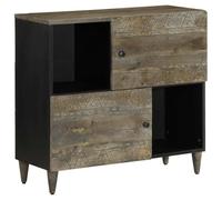 QJBSAVVA Buffet 80x33x75 cm en Bois de Manguier Massif Noir, Meuble de Rangement avec Motif Sculpté à la Main, 4 Compartiments pour Salon, Entrée, Couloir et Salle à Manger