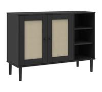 QJBSAVVA Buffet Bas de Rangement SENJA, Bahut Aspect Rotin Noir 112x40x80 cm en Bois de Pin Massif avec 2 Portes et 5 Compartiments, Meuble d'Enfilade Vintage pour Salon et Salle à Manger