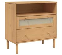 QJBSAVVA Buffet Bas de Rangement SENJA, Bahut en Bois de Pin Massif Aspect Rotin avec 2 Tiroirs et Compartiment, Meuble de Salon et Entrée Vintage Chic, Marron, 80x40x80 cm