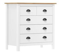 QJBSAVVA Buffet Bas Hill en Bois de Pin Massif, Commode avec 5 Tiroirs et Poignées Coquille, Meuble de Rangement pour Salon et Entrée, Blanc et Marron Miel, 79x40x80 cm