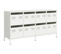 QJBSAVVA Buffet Blanc 135x39x73,5 cm en Acier Laminé à Froid, Meuble de Rangement Moderne avec 8 Tiroirs pour Salon, Bureau et Entrée, Console Basse en Métal Robuste
