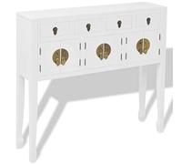QJBSAVVA Buffet Chinois en Bois Massif Blanc, Console d'Entrée Asiatique de 95 x 24 x 91 cm avec 4 Tiroirs et 3 Portes, Meuble Bas de Rangement pour Salon et Couloir