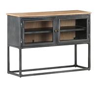 QJBSAVVA Buffet en Bois d'Acacia Massif Gris, Armoire de Rangement avec Portes Vitrées et Pieds en Acier, Meuble Bas de Salon et Salle à Manger, Livré Assemblé, 100x30x70 cm