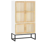 QJBSAVVA Buffet Haut Blanc 70x35x125 cm, Armoire de Rangement en Bois d'Ingénierie et Pin Massif avec Pieds en Fer, Meuble de Salon et Salle à Manger Style Scandinave