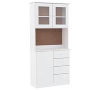 QJBSAVVA Buffet Haut Blanc 77x35x165 cm en Bois de Pin Massif Alta, Vaisselier avec Portes Vitrées et Tiroirs, Armoire de Rangement Vitrine pour Salon et Salle à Manger