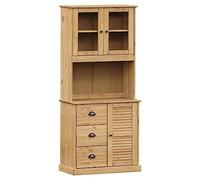 QJBSAVVA Buffet Haut de Cuisine Vigo 78x40x175 cm en Bois de Pin Massif Finition Cire de Miel, Vaisselier Style Rustique avec Portes en Verre Trempé et Tiroirs pour Salle à Manger