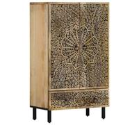 QJBSAVVA Buffet Haut en Bois de Manguier Massif 60x33x100 cm | Meuble de Rangement Style Rétro avec Motifs Sculptés à la Main et Pieds en Fer pour Salon, Salle à Manger et Entrée