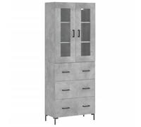 QJBSAVVA Buffet Haut Gris Béton 69,5x34x180 cm, Vaisselier Moderne en Bois d'Ingénierie et Verre, Armoire de Rangement avec Vitrine pour Salon et Salle à Manger