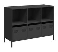 QJBSAVVA Buffet noir 101,5 x 39 x 73,5 cm - Commode en acier laminé à froid avec 3 tiroirs et 3 compartiments ouverts - Armoire industrielle en métal pour salon, couloir et bureau
