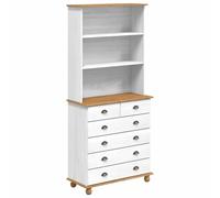 QJBSAVVA Buffet Vaisselier Blanc 91 x 40 x 200,5 cm en Bois de Pin Massif, Vaisselier Askim avec 6 Tiroirs et Étagères de Rangement pour Salle à Manger et Cuisine