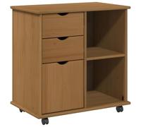 QJBSAVVA Cabinet Roulant en Bois de Pin Massif, Caisson Bureau avec 2 Tiroirs et 5 Compartiments, Meuble de Rangement Mobile pour Bureau et Salon, Marron Miel 63,5 x 39 x 65,5 cm