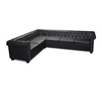 QJBSAVVA Canapé d'angle Chesterfield 6 Places en Similicuir Noir, Grand Sofa d'angle avec Cadre en Bois et Assise Rembourrée pour Salon et Bureau, 260 x 205 x 73 cm
