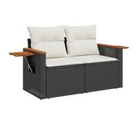 QJBSAVVA Canapé de Jardin 2 Places en Résine Tressée Noir, Banquette Extérieure avec Coffre de Rangement et Table d'Appoint Pliable, Mobilier de Balcon avec Coussins Blanc Crème