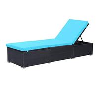 QJBSAVVA Chaise Longue de Jardin en Résine Tressée Noir avec Coussin Bleu Transat Bain de Soleil Réglable Double Côté pour Terrasse Balcon et Extérieur 195 x 60 x 31 cm