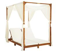 QJBSAVVA Chaise Longue Double avec Rideaux et Coussins Blanc Crème, Bain de Soleil 2 Places en Bois d'Acacia Massif, Lit de Jardin de Repos avec Dossier Réglable, 148x200x200 cm