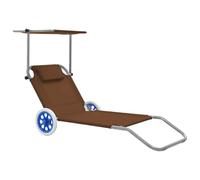 QJBSAVVA Chaise Longue Pliable avec Auvent Réglable et 2 Roues, Transat de Jardin Inclinable en Acier et Polyester pour Plage et Terrasse, Lit de Bain de Soleil avec Appuie-Tête, Taupe