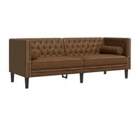 QJBSAVVA Chesterfield Canapé 3 places marron élégant aspect daim avec piqûre à boutons, avec 2 traversins de nuque, fauteuil rembourré confortable pour salon et bureau, 194 x 74,5 x 70,5 cm