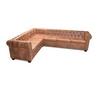 QJBSAVVA Chesterfield Canapé d'angle 6 places en cuir synthétique marron - Élégant canapé en forme de L avec structure en bois robuste pour salon et bureau - Canapé rembourré confortable 260 x 205 x