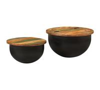 QJBSAVVA Ensemble de 2 Tables Basses en Bois de Récupération Massif et Fer Noir, Tables d'Appoint avec Rangement Dissimulé, Tables Rondes de Salon Style Industriel pour Séjour