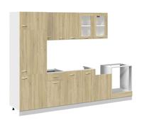 QJBSAVVA Ensemble de 8 Meubles de Cuisine Lyon, Cuisine Complète avec Armoire Suspendue, Meuble Bas, Colonne Four et Réfrigérateur, Placard en Bois d'Ingénierie, Chêne Sonoma