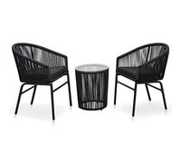 QJBSAVVA Ensemble de Bistro 3 Pièces Salon de Jardin en Rotin PE Noir | Mobilier compact pour balcon et terrasse, comprenant deux fauteuils avec coussins et une table avec plateau en verre.