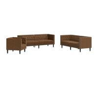 QJBSAVVA Ensemble de Canapé Chesterfield 3 Pièces en Similicuir Daim Marron, Set de Salon Comprenant 1 Fauteuil, 1 Canapé 2 Places et 1 Canapé 3 Places pour Bureau et Séjour