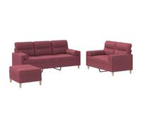 QJBSAVVA Ensemble de Canapés 3 Pièces en Tissu Rouge Bordeaux, Salon Complet avec Canapé 3 Places, Canapé 2 Places, Pouf Repose-Pied et Coussins pour Salon et Séjour