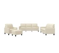 QJBSAVVA Ensemble de Canapés 4 Pièces avec Coussins Crème, Salon Complet en Similicuir avec Canapé 3 Places, Canapé 2 Places, Fauteuil et Repose-Pied Pouf pour Séjour et Bureau