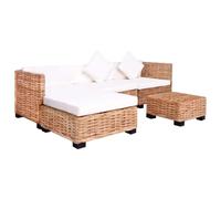 QJBSAVVA Ensemble de Canapés de Salon 14 Pièces en Rotin Naturel et Bois d'Acajou, Canapé d'angle Modulaire d'Intérieur avec Pouf, Table Basse et Coussins Blancs