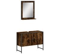 QJBSAVVA Ensemble de Meuble de Salle de Bain 2 Pièces, Meuble sous Vasque 80x33x60 cm et Miroir avec Étagère 50x12x60 cm, Rangement Robuste en Bois Ingénierie et Acier, Chêne Fumé