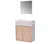 QJBSAVVA Ensemble de Meuble de Salle de Bain 3 Pièces avec Miroir et Vasque en Céramique, Petit Meuble sous Vasque Suspendu 48cm et Bonde de Vidage, Idéal pour Petits Espaces, Beige