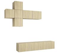 QJBSAVVA Ensemble de Meuble TV 7 Pièces en Bois d'Ingénierie, Meuble TV Suspendu Design Moderne pour Salon, Buffet Mural avec Rangements, Chêne Sonoma, 4 x 30,5cm et 3 x 80cm