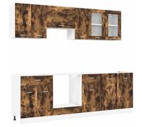 QJBSAVVA Ensemble de Meubles de Cuisine Complète Lyon 8 Pièces, Grand Placard de Rangement en Bois d'Ingénierie avec Portes et Tiroirs pour Vaisselle et Four, Chêne Fumé