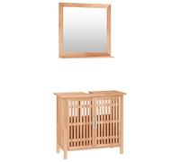 QJBSAVVA Ensemble de Meubles de Salle de Bain 2 Pièces, Meuble sous Lavabo en Bois de Noyer Massif 66x29x61,5 cm et Miroir de Courtoisie Mural 55x12x55 cm, Finition Huilée