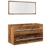 QJBSAVVA Ensemble de Meubles de Salle de Bain 2 Pièces, Meuble sous Vasque Suspendu de 90 cm et Grand Miroir Mural, Rangement pour Vasque en Bois d'Ingénierie, Coloris Vieux Bois