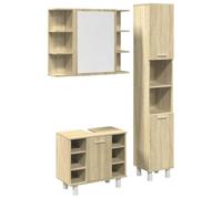 QJBSAVVA Ensemble de Meubles de Salle de Bain 3 Pièces avec Armoire à Miroir, Colonne de Rangement et Meuble Bas, Structure en Bois d'Ingénierie, Couleur Chêne Sonoma