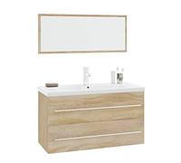 QJBSAVVA Ensemble de Meubles de Salle de Bain 3 Pièces avec Meuble sous Vasque Suspendu 90 cm Miroir et Vasque Encastrée en Céramique Blanche Couleur Chêne Sonoma
