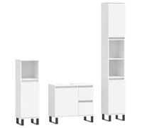 QJBSAVVA Ensemble de Meubles de Salle de Bain 3 Pièces Blanc, Armoire Colonne Haute, Meuble Bas et Meuble sous Lavabo en Bois d'Ingénierie et Métal pour Rangement de Maison