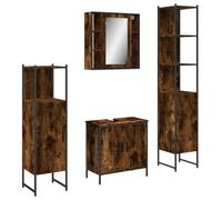 QJBSAVVA Ensemble de Meubles de Salle de Bain 4 Pièces avec Armoire sous Lavabo, Colonne de Rangement, Meuble Bas et Armoire à Miroir Murale, Finition Chêne Fumé et Acier