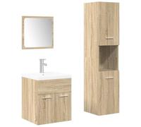 QJBSAVVA Ensemble de Meubles de Salle de Bain 4 Pièces Chêne Sonoma, Meuble sous Vasque Suspendu, Armoire Colonne, Miroir et Lavabo en Céramique avec Robinet et Bonde de Vidage