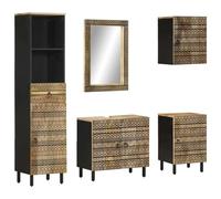 QJBSAVVA Ensemble de Meubles de Salle de Bain 5 Pièces en Bois de Manguier Massif avec Meuble sous Vasque, Armoire Colonne, Armoire Suspendue, Meuble Bas et Miroir Mural