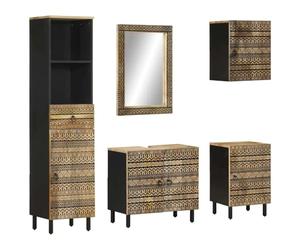 QJBSAVVA Ensemble de Meubles de Salle de Bain 5 Pièces en Bois de Manguier Massif avec Meuble sous Vasque, Armoire Colonne, Armoire Suspendue, Meuble Bas et Miroir Mural