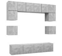 QJBSAVVA Ensemble de Meubles TV 8 Pièces, Meuble TV Suspendu Mural en Bois d'Ingénierie, Grand Espace de Rangement pour Salon et HiFi, Design Moderne Épuré, Couleur Gris Béton