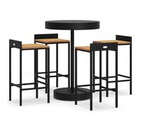 QJBSAVVA Ensemble de Table de Bar Jardin 5 Pcs Résine Tressée Bois Noir | Mobilier de terrasse chic avec mange-debout rond et tabourets en bois d'acacia pour vos moments de détente en plein air.